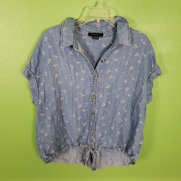 Sanctuary Women's Faded Pink Rose Button Up Drawstring Waist Chambray Top Sz L - Picture 8 of 8